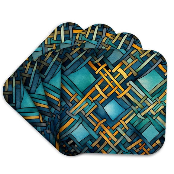 3drose, Abstract Celtic Pattern of Yellow, Turquoise Colors, Modern Art, Set of 4 Coasters - Soft