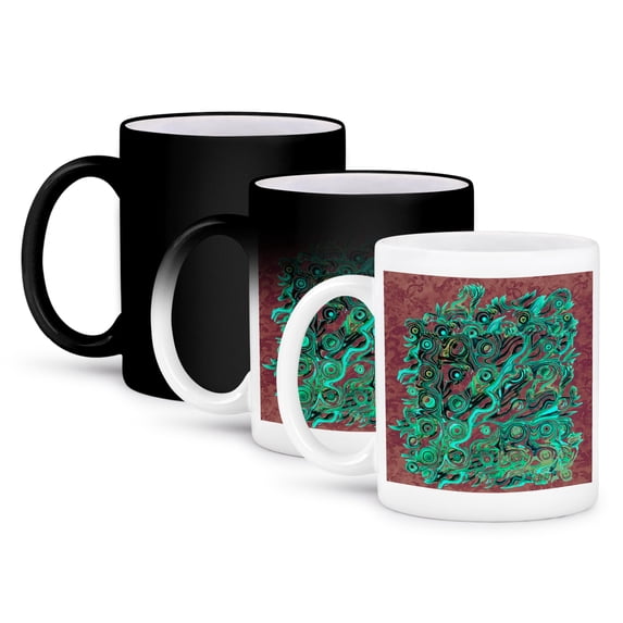 3dRose, Abstract tree roots in hues of teal and mint green on coffee brown damask background, 11oz Magic Transforming Mug