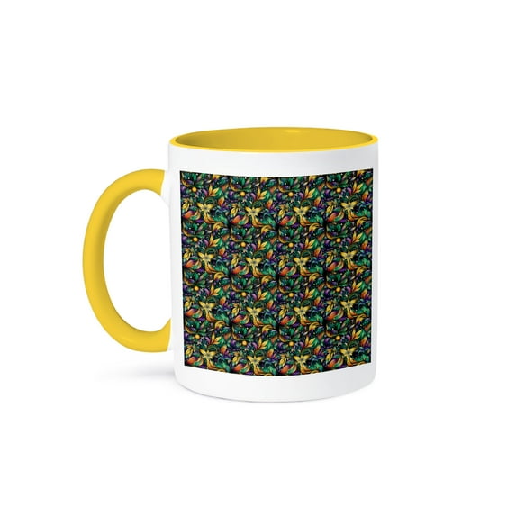 3drose, Abstract Regular Pattern of Floral Elements of Mardi Gras Colors Gift, 11oz Two-tone Yellow Mug