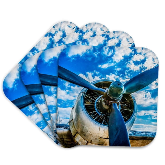 3dRose, Abstracts of aviation - Piston engine of a vintage aircraft, blue sky, set of 4 Coasters - Soft