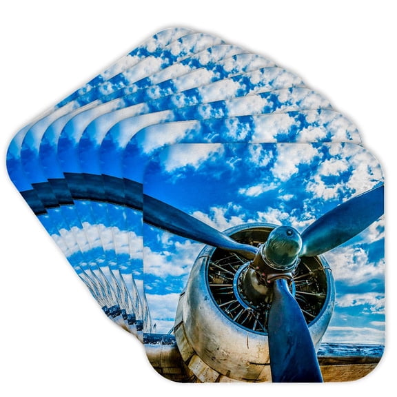 3dRose, Abstracts of aviation - Piston engine of a vintage aircraft, blue sky, set of 8 Coasters - Soft