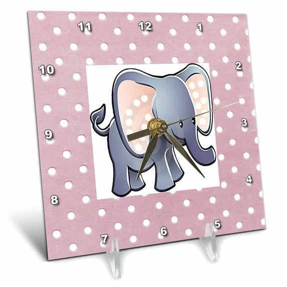 3dRose, Adorable Baby Elephant On Dotted Pink, 6x6 Desk Clock