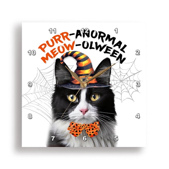 3dRose, Adorable Black and White Tuxedo Halloween Cat in a Wizard Hat, 10x10 Wall Clock
