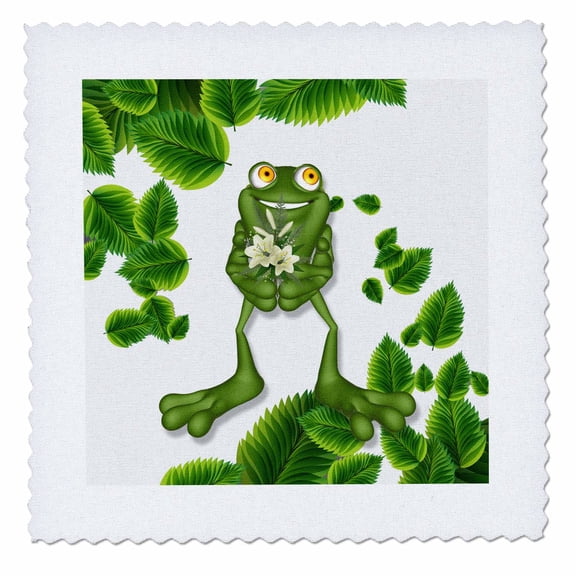 3dRose, Adorable Cartoon Frog with Flowers and Sprinkled Green Leaves, 10x10 inch quilt square