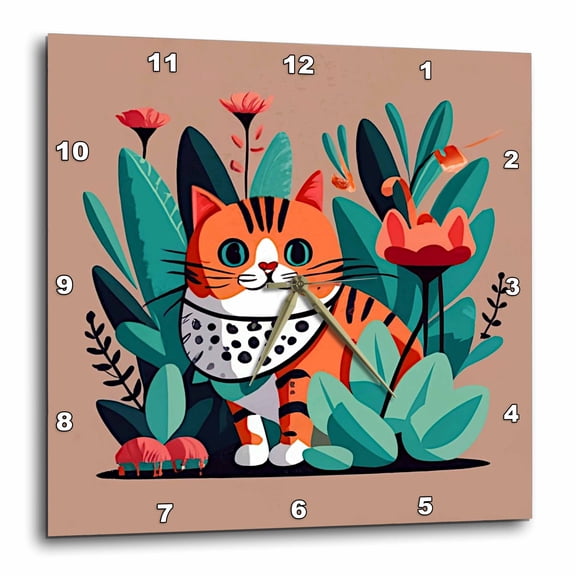 3drose, Adorable Cartoon Style Boho Cat, 15x15 Wall Clock
