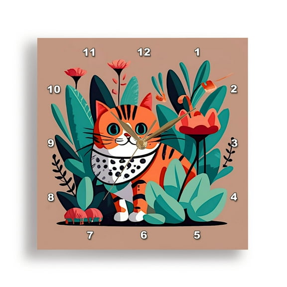 3dRose, Adorable Cartoon Style Boho Cat, 15x15 Wall Clock