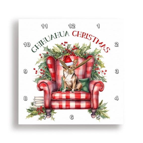 3dRose, Adorable Chihuahua Dog in a Santa Hat waiting for Christmas, 15x15 Wall Clock