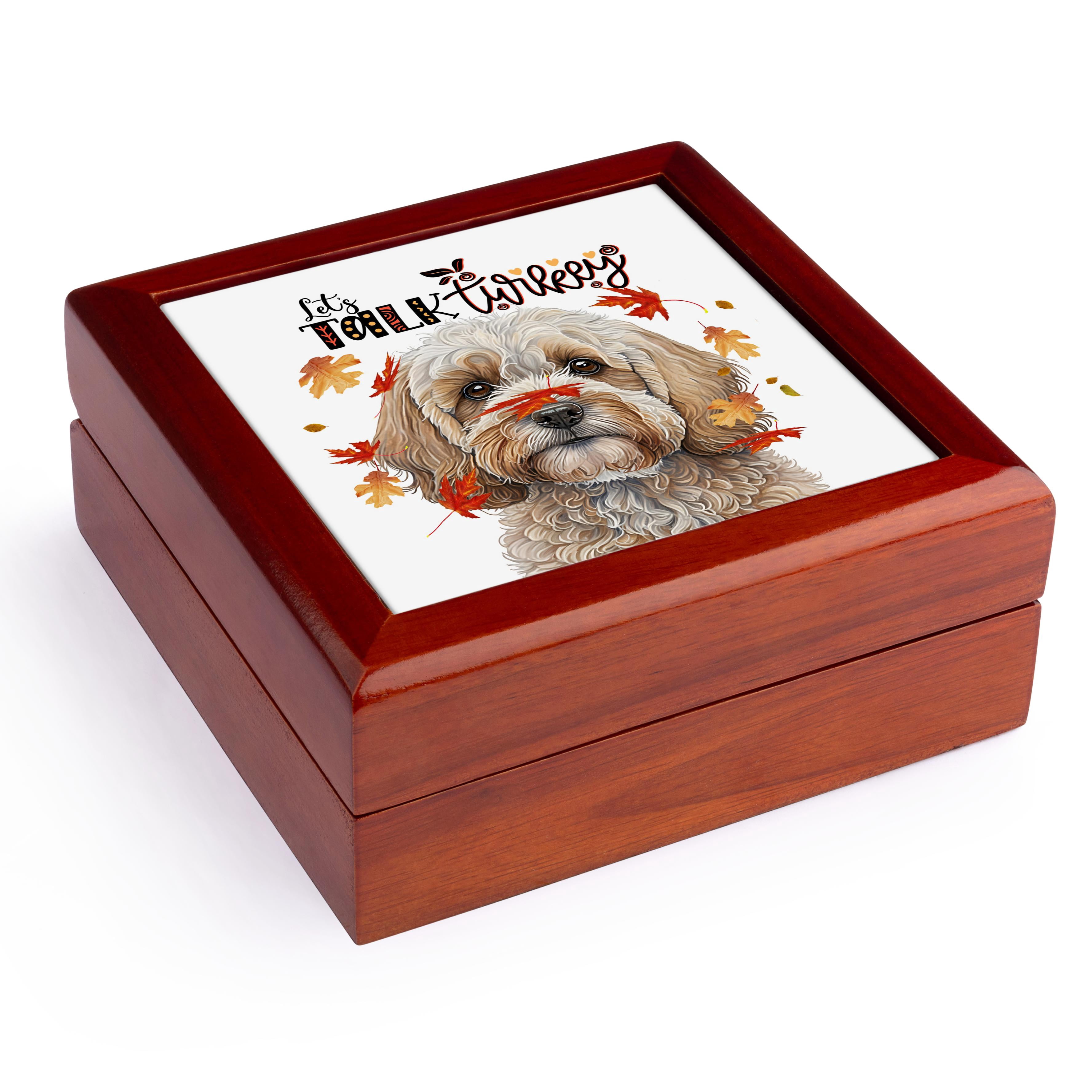3dRose, Adorable Cockapoo Dog Talks Turkey on Thanksgiving with Fall Leaves, Jewelry Box 5.5x5.5 inch with 4 inch tile
