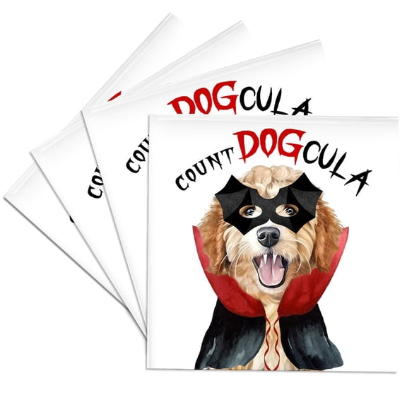 3dRose, Adorable Golden Doodle Dog in a Dracula costume for Halloween., Set of 4 Ceramic Tile Coasters