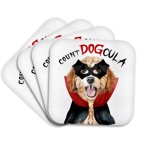3dRose, Adorable Golden Doodle Dog in a Dracula costume for Halloween., Set of 4 Coasters - Soft