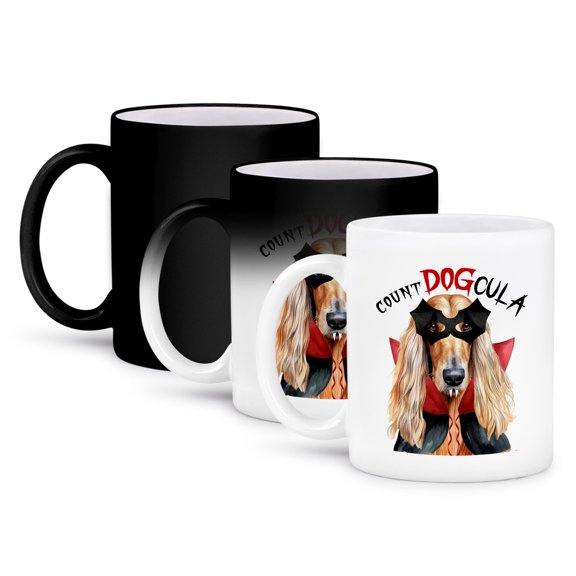 3dRose, Adorable Halloween Afghan Hound dog dressed up as a vampire., 11oz Magic Transforming Mug