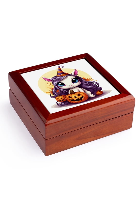 , Adorable Halloween Unicorn, Jewelry Box 5.5x5.5 inch with 4 inch tile