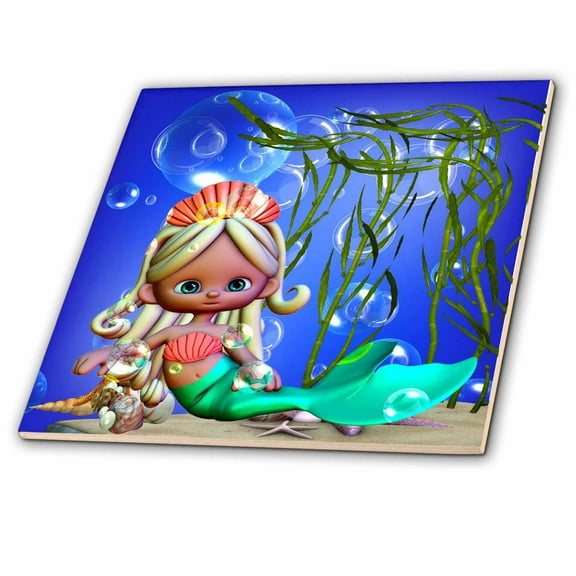 3dRose, Adorable Mermaid under the sea with bubbles and shells is a charmer, 4 Inch Glass Tile