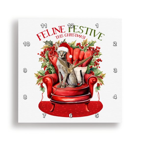 3dRose, Adorable Oriental Shorthair Cat Looks Festive in a Christmas Hat, 15x15 Wall Clock