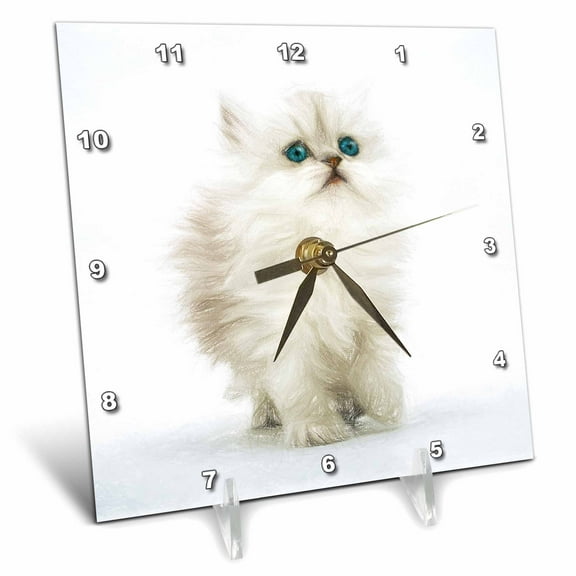 3dRose, Adorable Persian White Kitten Painting for Cat Lovers, 6x6 Desk Clock