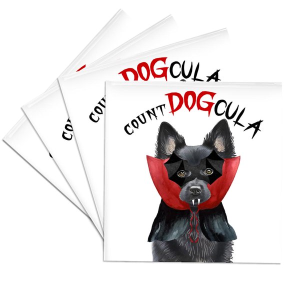 3dRose, Adorable Schipperke Dog in a Dracula Costume for Halloween., Set of 4 Ceramic Tile Coasters