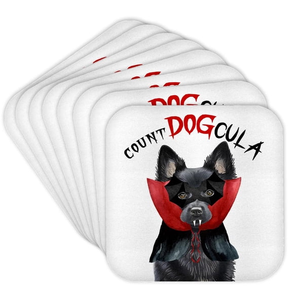 3dRose, Adorable Schipperke Dog in a Dracula Costume for Halloween., Set of 8 Coasters - Soft