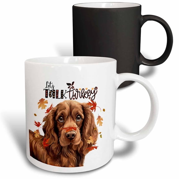 3drose, Adorable Sussex Spaniel Dog with Autumn Leaves for Funny Thanksgiving, 11oz Magic Transforming Mug