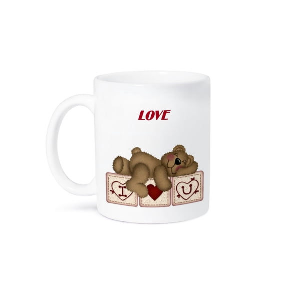 3dRose, Adorable Teddy Bear On I Luv U Blocks, 15oz Mug