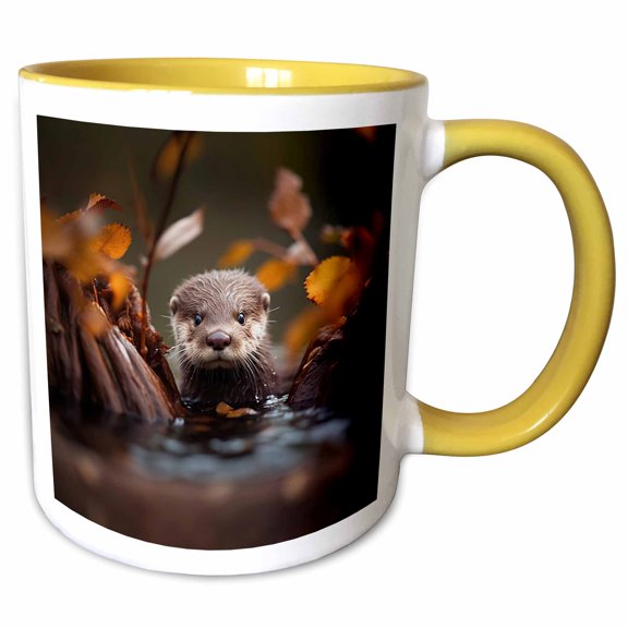 3drose, Adorable Otter Peeks Out of Water Surrounded by Autumn Leaves, Curious, 11oz Two-tone Yellow Mug