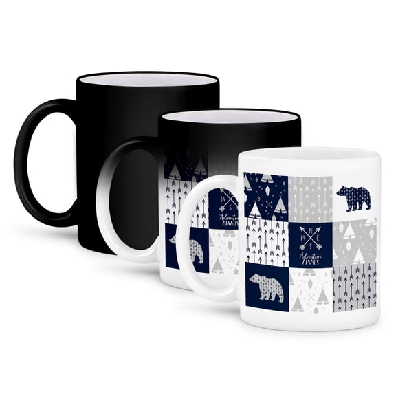 3dRose, Adventures Awaits Squares Navy Blue Gray White, 11oz Magic Transforming Mug