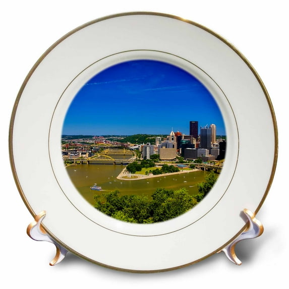 3dRose, Aerial view of the city, Pittsburgh, Pennsylvania., 8 inch Porcelain Plate