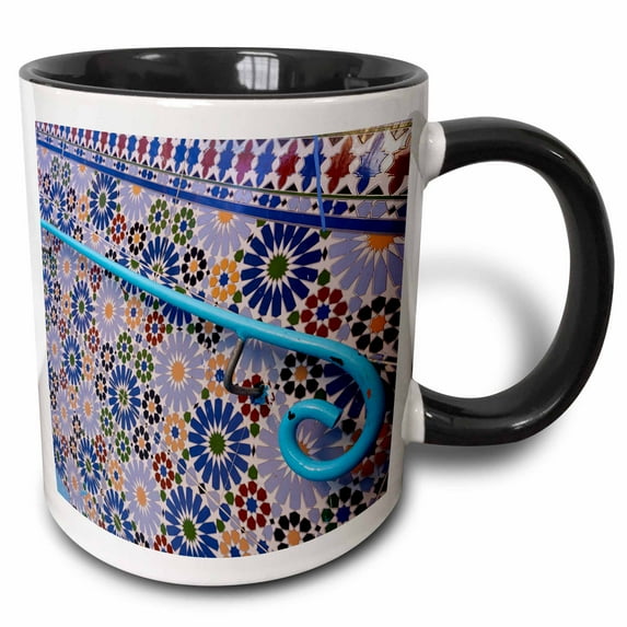 3drose, Africa, Morocco, Chefchaouen. Blue Railing on Decorated Tile Wall., 11oz Two-tone Black Mug