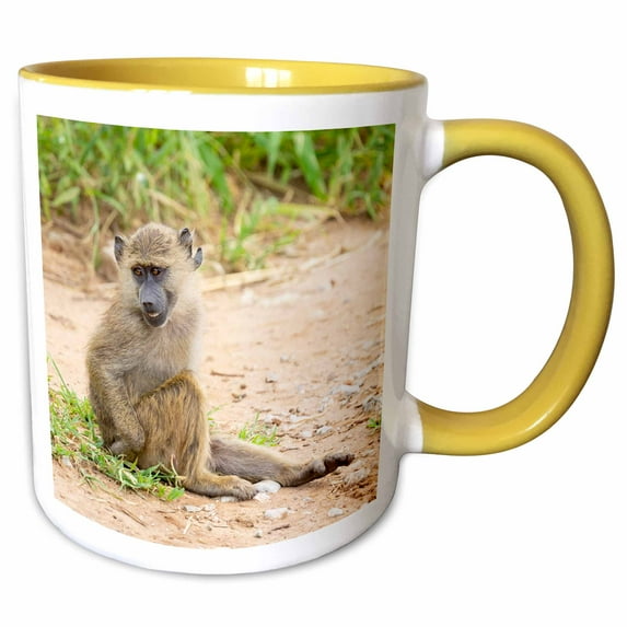 3drose, Africa, Tanzania. a Young Baboon Sits in the Road., 15oz Two-tone Yellow Mug