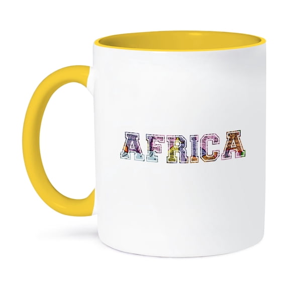 3dRose, Africa text - word made from cutout of vintage African map - pink purple orange yellow blue white, 15oz Two-Tone Yellow Mug