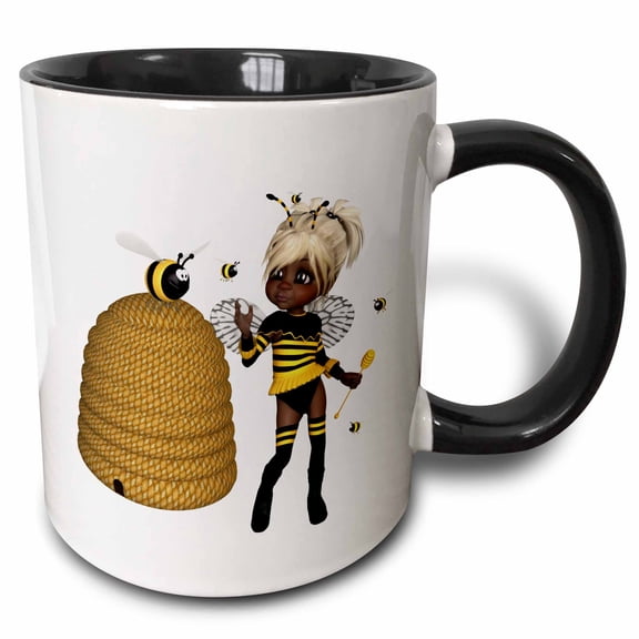 3drose, African American Bumble Bee Fairy and Honey Pot Floral, 15oz Two-tone Black Mug