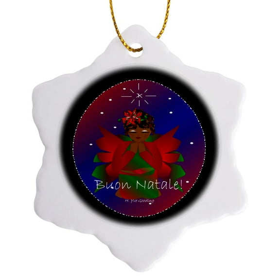 3drose, African-american Christmas Angel Baby Girl Praying with Buon Natale Text, 3 inch Snowflake Porcelain Ornament
