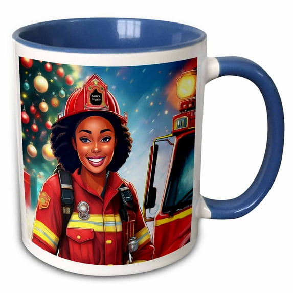 3drose, African American Female Firefighter and Truck in Santa Hat Christmas, 15oz Two-tone Blue Mug
