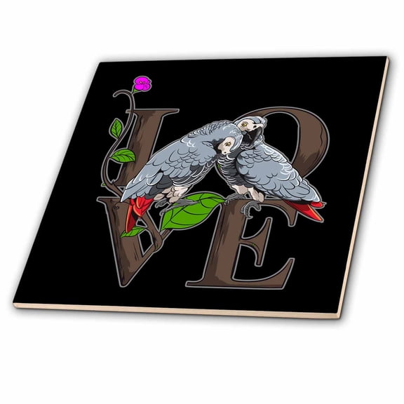 3dRose, African Grey Parrot with Plants and Love Quotes for Bird Lovers, 4 Inch Ceramic Tile