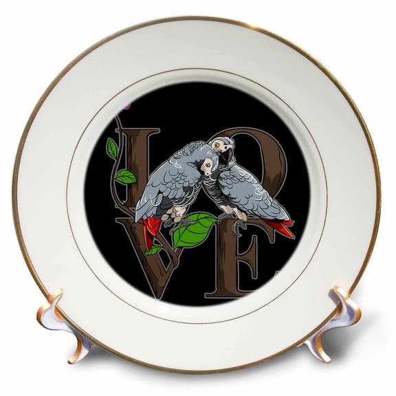 3dRose, African Grey Parrot with Plants and Love Quotes for Bird Lovers, 8 inch Porcelain Plate