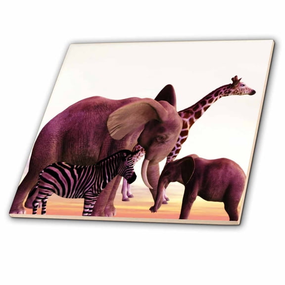 3dRose, African Safari With Elephant, Giraffe, And Zebra, 6 Inch Glass Tile