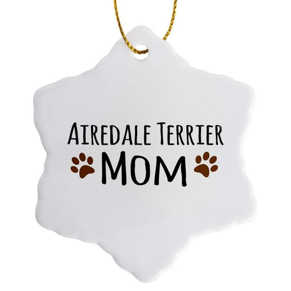 3dRose, Airedale Terrier Dog Mom - breed-specific design with brown paw prints - doggie lovers - doggy love, 3 inch Snowflake Porcelain Ornament