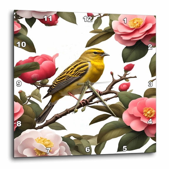 3drose, Alabama State Bird Yellowhammer and Camellia, 13x13 Wall Clock