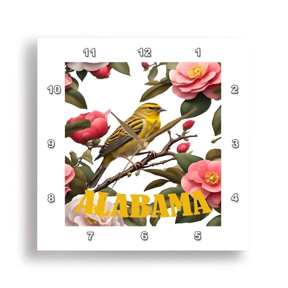 3dRose, Alabama Yellowhammer Bird And Camellia Cut Out, 15x15 Wall Clock