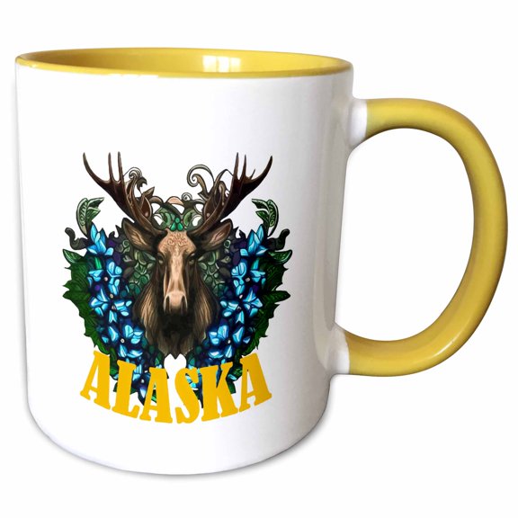 3drose, Alaska Moose and Alpine Myosotis Flowers, 15oz Two-tone Yellow Mug