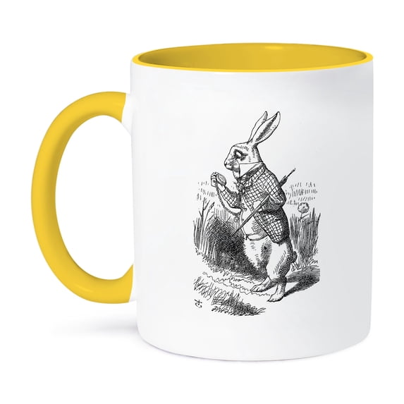 3dRose, Alice in Wonderland White Rabbit with pocket watch - John Tenniel art, 15oz Two-Tone Yellow Mug