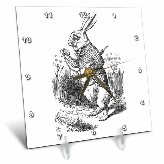 3dRose, Alice in Wonderland White Rabbit with pocket watch - John Tenniel art, 6x6 Desk Clock
