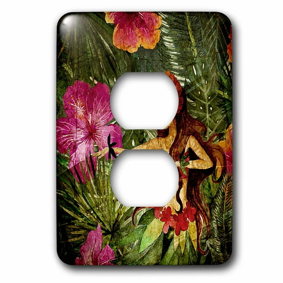 3dRose, Aloha Colorful Flamingo Hula girl Jungle Tropical Floral Hawaii Pattern, 2 plug outlet cover