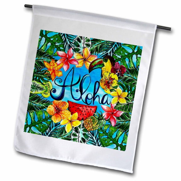 3dRose, Aloha Colorful Trendy Palm Leaves Jungle Tropical Hawaii Typography, 18 x 27 inch Garden Flag