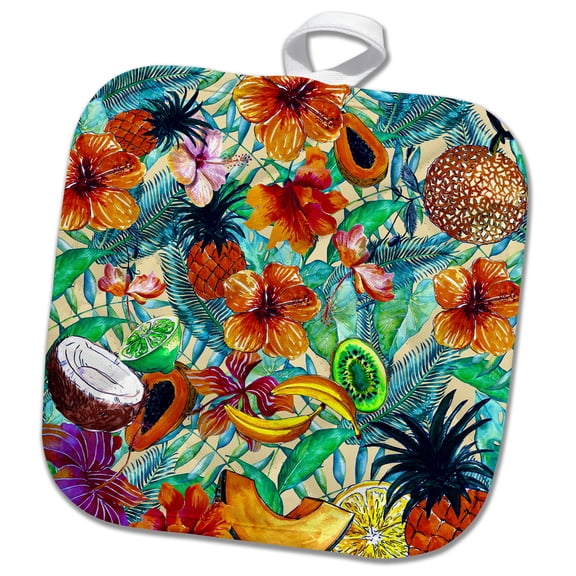 3dRose, Aloha Fresh Fruit Hibiscus Flower Jungle Tropical Hawaii Pattern, 8x8 Potholder