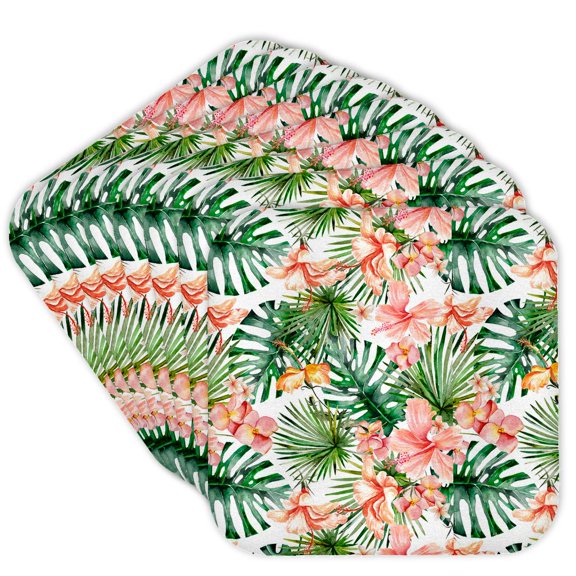 3drose, Aloha Hibiscus Flower Leaves Monstera Jungle Tropical Hawaii Pattern, Set of 8 Coasters - Soft