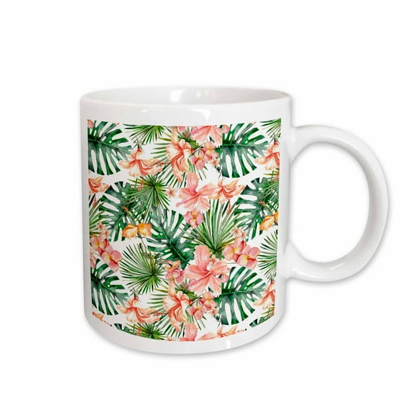 3drose, Aloha Monstera Hibiscus Flower Jungle Tropical Floral Hawaii Pattern, 11oz Mug