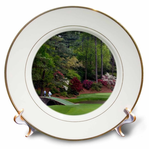 3dRose, Amen Corner in Augusta Georgia - Golfers on Bridge, 8 inch Porcelain Plate