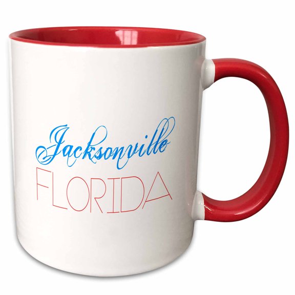 3drose, American Cities - Jacksonville Florida, Blue, Red on White, 11oz Two-tone Red Mug