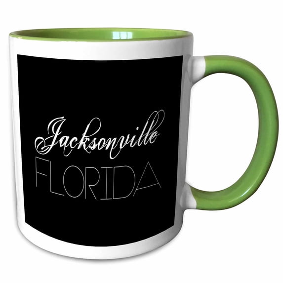 3drose, American Cities - Jacksonville Florida, White on Black, 11oz Two-tone Green Mug