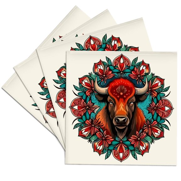 3dRose, American bison Surrounded By A Wreath Of Indian Paintbrush, Set of 4 Ceramic Tile Coasters